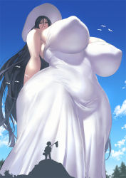 Rule 34 | 1girl, 1other, ambiguous gender, ass, bird, black hair, blue sky, breasts, cloud, cloudy sky, covered erect nipples, curvy, dress, expressionless, giant, giantess, gigantic breasts, hasshaku-sama, hat, huge ass, impossible clothes, impossible dress, kisuu, long hair, net, pursed lips, sky, sun hat, sundress, tall female, very long hair, white dress, white headwear, wide hips