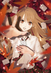 Rule 34 | 1girl, absurdres, arm up, autumn leaves, ayase chihaya, brown eyes, brown hair, chihayafuru, foreshortening, from above, highres, karuta (card game), long hair, long sleeves, looking at viewer, lying, mugine, necktie, on back, parted lips, plaid, plaid necktie, plaid skirt, reaching, reaching towards viewer, school uniform, shirt, skirt, solo, upper body, white shirt