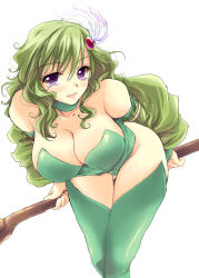 Rule 34 | 1990s (style), 1girl, aged up, bent over, blush, breasts, choker, cleavage, detached sleeves, final fantasy, final fantasy iv, flieger, green hair, hair ornament, large breasts, leotard, looking at viewer, purple eyes, retro artstyle, rydia (ff4), solo, staff, thighhighs
