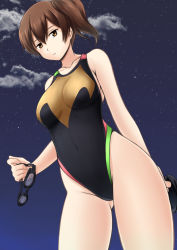 Rule 34 | 10s, 1girl, alternate costume, brown eyes, brown hair, competition swimsuit, cowboy shot, fuuma nagi, goggles, highleg, highleg swimsuit, kaga (kancolle), kantai collection, night, night sky, one-piece swimsuit, short hair, side ponytail, sky, solo, standing, swimsuit