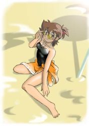 Rule 34 | 1girl, ajiyoshi noriko, artist request, bare shoulders, barefoot, beach, brown hair, collarbone, feet, female focus, full body, jewelry, legs, looking at viewer, mister ajikko, necklace, on ground, sand, sarong, short hair, sitting, smile, solo, sunglasses, swimsuit, thighs, toes