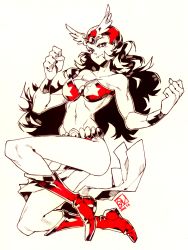 Rule 34 | 1girl, belt, bikini, black hair, boots, bracelet, breasts, cleavage, clenched hands, commentary, darna, darna (character), helmet, jewelry, loincloth, long hair, medium breasts, navel, on one knee, poch4n, solo, spot color, star (symbol), strapless, strapless bikini, superhero costume, swimsuit, wavy hair