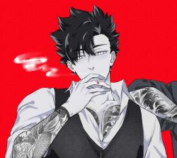 Rule 34 | 1boy, alternate universe, arm tattoo, black hair, chest tattoo, cigarette, collared shirt, full-body tattoo, greyscale, greyscale with colored background, haikyuu!!, highres, holding, holding cigarette, irezumi, kuroo tetsurou, leaning on person, looking ahead, mafia, male focus, messy hair, monochrome, partially unbuttoned, red background, rion tann, shirt, sleeves rolled up, smoke, smoking, tattoo, vest