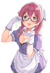 Rule 34 | 1girl, :d, amano miu, apron, black-framed eyewear, black bra, blend s, blue eyes, blush, bra, bra peek, braid, breasts, cleavage, condom, condom wrapper, glasses, gloves, half-closed eyes, head scarf, highres, leaning forward, long hair, looking at viewer, medium breasts, minase shuu, one eye closed, open mouth, puffy short sleeves, puffy sleeves, red hair, short sleeves, simple background, smile, solo, stile uniform, sweat, twin braids, unbuttoned, unbuttoned shirt, underwear, waitress, white background, white gloves