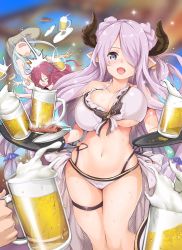 Rule 34 | 10s, 3girls, ahoge, alcohol, anna (granblue fantasy), bad id, bad twitter id, bare shoulders, beer, beer mug, bikini, blood, blue eyes, blue hair, blush, bouncing breasts, breasts, closed eyes, cup, demon horns, draph, dress, earrings, food, front-tie top, granblue fantasy, hair ornament, hair over one eye, hat, highres, horns, ikayaki, jewelry, katoo hironobu, large breasts, light purple hair, long hair, looking at viewer, lyria (granblue fantasy), mug, multiple girls, narmaya (granblue fantasy), narmaya (summer) (granblue fantasy), open mouth, pointy ears, pov, pov hands, red hair, smile, spilling, swimsuit, thigh strap, tray, white bikini