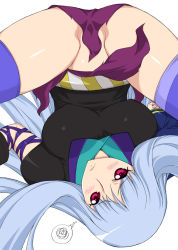 Rule 34 | 1girl, angry, blue hair, blush, breasts, frown, katanagatari, long hair, no panties, red eyes, shichimenchou, simple background, solo, squiggle, thighhighs, thighs, thought bubble, togame, upside-down, very long hair, white hair