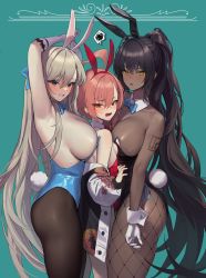 Rule 34 | 3girls, :d, absurdres, ahoge, animal ears, aqua background, arm up, armpits, asuna (blue archive), asuna (bunny) (blue archive), black hair, black jacket, black leotard, black pantyhose, blonde hair, blue archive, blue bow, blue eyes, blue leotard, blue neckwear, blush, bow, bowtie, braid, breasts, cleavage, commentary, dark-skinned female, dark skin, detached collar, earrings, elbow gloves, fake animal ears, fake tail, fang, fishnet legwear, fishnets, girl sandwich, gloves, hair between eyes, hairband, highres, jacket, jewelry, karin (blue archive), karin (bunny) (blue archive), large breasts, leotard, long sleeves, looking at viewer, mole, mole on breast, mole under eye, multiple girls, neru (blue archive), neru (bunny) (blue archive), number tattoo, off shoulder, open clothes, open jacket, open mouth, own hands together, pantyhose, parted lips, playboy bunny, ponytail, rabbit ears, rabbit tail, red eyes, red hairband, red leotard, sandwiched, shoulder tattoo, side braid, sideboob, sidelocks, simple background, small breasts, smile, speech bubble, spoken squiggle, squiggle, strapless, strapless leotard, striped, stud earrings, tail, tattoo, thighs, traditional bowtie, v-shaped eyebrows, vertical stripes, white gloves, white hairband, xi xeong, yellow eyes