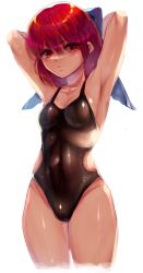 Rule 34 | 1girl, alternate costume, armpits, arms behind head, arms up, bare arms, blue bow, blush, bow, breasts, closed mouth, collarbone, commentary request, covered navel, cowboy shot, cropped legs, hair between eyes, hair bow, highres, looking at viewer, medium hair, red eyes, red hair, sekibanki, simple background, small breasts, solo, tight clothes, touhou, v-shaped eyebrows, white background, yatsuga (kouahey dierci)