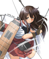 Rule 34 | 1girl, akagi (kancolle), apron, arrow (projectile), artist name, black hair, bow (weapon), brown eyes, brown gloves, cocoa (cocoa0191), cowboy shot, flight deck, gloves, hakama, hakama short skirt, hakama skirt, japanese clothes, kantai collection, muneate, one-hour drawing challenge, partially fingerless gloves, partly fingerless gloves, quiver, red hakama, red skirt, simple background, single glove, skirt, solo, standing, thighhighs, weapon, white background, white thighhighs, yugake