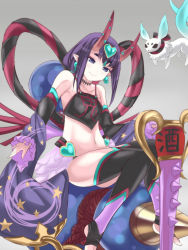 Rule 34 | 1girl, bare shoulders, breasts, chinese clothes, closed mouth, club, club (weapon), collarbone, detached sleeves, dudou, earrings, eyeliner, fate/grand order, fate (series), forehead jewel, fundoshi, gourd, grey background, headpiece, highres, hip focus, horns, japanese clothes, jewelry, kanabou, legs, low twintails, makeup, marionette (excle), navel, oni, pelvic curtain, pointy ears, purple eyes, purple hair, rope, sash, short eyebrows, short hair, short twintails, shuten douji (fate), shuten douji (fate/grand order), shuten douji (halloween caster) (fate), simple background, sitting, skin-covered horns, small breasts, smile, solo, spiked club, star (symbol), star print, thighs, toeless legwear, twintails, weapon