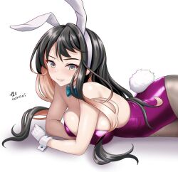 Rule 34 | 1girl, animal ears, bare shoulders, black hair, breasts, cleavage, collarbone, dated, detached collar, gloves, grin, large breasts, leotard, long hair, looking at viewer, lying, multicolored hair, naganami (kancolle), on stomach, pink hair, purple leotard, rabbit ears, rabbit tail, smile, tk8d32, two-tone hair, yellow eyes