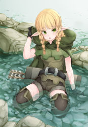 Rule 34 | 1girl, belt, blonde hair, boots, braid, cloak, commentary, dragon&#039;s crown, elf, elf (dragon&#039;s crown), gloves, green eyes, highres, hood, hood down, long hair, nana-ine, partially submerged, pointy ears, quiver, short shorts, shorts, sitting, solo, thigh boots, thighhighs, twin braids, wariza, water, wet, wet clothes