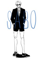 Rule 34 | 1boy, alternate costume, character name, formal, male focus, one piece, sabo (one piece), shorts, solo, suit, sunglasses
