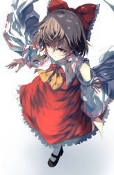 Rule 34 | 1girl, absurdres, ascot, black footwear, bow, brown eyes, brown hair, closed mouth, detached sleeves, from above, full body, hair between eyes, hair bow, hair tubes, hakurei reimu, highres, nontraditional miko, red bow, red shirt, red skirt, ribbon-trimmed sleeves, ribbon trim, shirt, short hair, sidelocks, simple background, skirt, smile, solo, standing, touhou, wakadori1234, white background, white legwear, yellow ascot