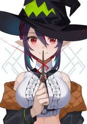 Rule 34 | 1girl, amahara subaru, bare shoulders, black hair, black hat, black jacket, breasts, center frills, collared shirt, crop top, frilled shirt, frills, hair between eyes, harness, hat, highres, holding, indie virtual youtuber, isonade orca, jacket, large breasts, long sleeves, looking at viewer, midriff, multicolored hair, off shoulder, open clothes, open jacket, pointy ears, red eyes, shirt, short hair, sleeveless, sleeveless shirt, smile, solo, streaked hair, turtleneck, upper body, virtual youtuber, wand, white shirt, witch hat