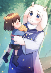 Rule 34 | 1girl, animal ears, black shorts, blue eyes, blue sweater, blush, brown hair, closed eyes, flower, frisk (undertale), goat ears, goat girl, holding, holding flower, hugging object, leaf, long sleeves, looking at another, plant, short hair, short shorts, shorts, smile, striped clothes, striped sweater, sweater, toriel, undertale, vines, xox xxxxxx, yellow flower