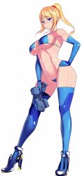 Rule 34 | 1girl, bikini, blonde hair, blue bikini, blue eyes, blue thighhighs, booster-yoshy3, boots, breasts, contrapposto, elbow gloves, female focus, gloves, gun, hand on own hip, high heels, high ponytail, highleg, highleg bikini, highres, large breasts, legs, long hair, metroid, nintendo, samus aran, simple background, solo, super smash bros., swimsuit, thigh boots, thighhighs, thighs, weapon, wide hips, zero suit