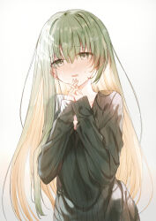 Rule 34 | 1girl, black sweater, blush, brown hair, cecilia (shiro seijo to kuro bokushi), gradient background, green eyes, green hair, grey background, hair between eyes, hands up, interlocked fingers, kazutake hazano, long hair, looking at viewer, multicolored hair, nose blush, own hands together, parted lips, ribbed sweater, shiro seijo to kuro bokushi, solo, sweat, sweater, two-tone hair, very long hair, white background