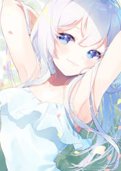 Rule 34 | 1girl, armpits, arms behind head, arms up, artist name, blue eyes, blush, breasts, cleavage, closed mouth, collarbone, dress, email address, frilled dress, frills, head tilt, highres, hoshino ruru, long hair, looking at viewer, original, petals, silver hair, sleeveless, sleeveless dress, small breasts, smile, solo, sundress, upper body, very long hair, water drop, white dress