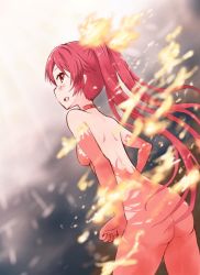 Rule 34 | 1girl, akihisa201, ass, bad id, bad pixiv id, blush, breasts, choker, cthugha (nyaruko-san), dutch angle, fire, flaming hair, from behind, haiyore! nyaruko-san, medium breasts, nude, open mouth, profile, red eyes, red hair, sideways mouth, solo, standing, twintails