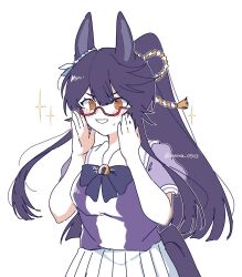 Rule 34 | 1girl, @ @, adjusting eyewear, animal ears, bespectacled, black hair, bow, bowtie, breasts, embarrassed, glasses, hands up, highres, horse ears, horse girl, horse tail, long hair, narita brian (umamusume), open mouth, orange eyes, ponytail, puffy short sleeves, puffy sleeves, purple shirt, renma (renma 0503), rope, sailor collar, school uniform, semi-rimless eyewear, shimenawa, shirt, short sleeves, simple background, skirt, small breasts, solo, sparkle, summer uniform, sweatdrop, tail, tracen school uniform, umamusume, upper body, white background, white skirt