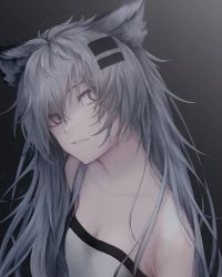 Rule 34 | 1girl, absurdres, animal ears, arknights, bad id, bad pixiv id, bare shoulders, breasts, cleavage, commentary request, gradient background, grey background, grey eyes, hair between eyes, hair ornament, hairclip, head tilt, highres, lappland (arknights), long hair, looking at viewer, parted lips, partial commentary, silver hair, small breasts, solo, strapless, tube top, upper body, wolf ears, wozuya