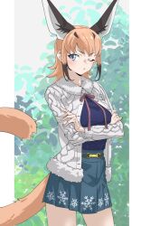 Rule 34 | 1girl, animal ear fluff, animal ears, black hair, blue eyes, blue shirt, blue skirt, blush, caracal (kemono friends), caracal ears, casual, cat ears, cat girl, cat tail, commentary, cowboy shot, crossed arms, extra ears, fur collar, hair between eyes, highres, kemono friends, kemono friends 3, long sleeves, looking to the side, multicolored hair, official alternate costume, one eye closed, orange hair, pleated skirt, shirt, short hair, sidelocks, skirt, solo, sweater, tail, tanabe (fueisei), two-tone hair, white fur, white sweater