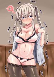 Rule 34 | 10s, 1girl, blonde hair, blue eyes, blush, breasts, chan (akuty ikkot), cleavage, collarbone, contrapposto, embarrassed, eyebrows, gluteal fold, graf zeppelin (kancolle), groin, hair between eyes, highres, indoors, kantai collection, large breasts, long hair, looking at viewer, midriff, navel, panties, panty pull, pantyhose, solo, standing, tears, trembling, underwear, undressing, wavy mouth, white panties, wooden wall