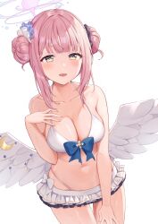 Rule 34 | 1girl, absurdres, angel, bikini, blue archive, breasts, commentary request, double bun, hair between eyes, hair bun, hair ornament, highres, large breasts, looking at viewer, medium hair, microskirt, mika (blue archive), mochiko (uyu omochi), navel, open mouth, partial commentary, pink hair, skirt, solo, stomach, swimsuit, white bikini, wings, yellow eyes