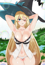 Rule 34 | 1girl, absurdres, aizawa azusa, armpits, arms behind head, arms up, blonde hair, blue eyes, blurry, blurry background, braid, breasts, bubble, cleavage, hair between eyes, hat, highres, landscape, large breasts, large hat, long hair, midriff peek, navel, one eye closed, open clothes, outdoors, panties, sleeveless, slime (creature), slime taoshite 300 nen shiranai uchi ni level max ni nattemashita, smile, stained clothes, steam, steaming body, sweat, sweaty clothes, tongue, tree, underwear, very long hair, voidmakerz, wide hips, witch hat