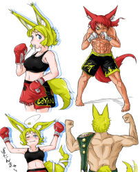 Rule 34 | &gt; @, 1girl, 2boys, abs, animal ears, bandages, bare arms, bare shoulders, barefoot, black shorts, blonde hair, blue eyes, boxing gloves, dizzy, doitsuken, fang, flexing, fox ears, fox tail, from behind, green shorts, highres, midriff, mouth hold, multiple boys, multiple views, muscular, navel, one eye closed, original, outstretched arms, paw print, red hair, red shorts, short hair, shorts, sports bra, standing, star (symbol), sweat, tail, tail wagging, topless male, white background, yellow eyes, zoom layer