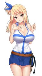 Rule 34 | 1girl, blonde hair, blue skirt, blurry, breasts, brown eyes, cleavage, cowboy shot, fairy tail, hand on own chest, highres, large breasts, lips, long hair, looking at viewer, lucy heartfilia, one side up, pleated skirt, scaverle (mao), simple background, skirt, sleeveless, solo, standing, whip, white background
