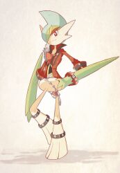 Rule 34 | arm blade, chain, clothed pokemon, colored skin, cosplay, cosplay pikachu, creatures (company), gallade, game freak, gen 1 pokemon, gen 4 pokemon, green skin, hand on own hip, jacket, looking at viewer, mega stone, multicolored skin, nintendo, open clothes, open jacket, pikachu, pikachu rock star, pikachu rock star (cosplay), poke ball, pokemon, pokemon (creature), red eyes, red jacket, sally (luna-arts), simple background, smile, two-tone skin, weapon, white skin
