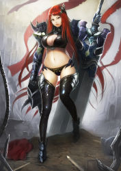 Rule 34 | 1girl, armor, breasts, cleavage, female focus, highres, huge weapon, knight, large breasts, lips, long hair, meto31, navel, red eyes, red hair, solo, sword, weapon