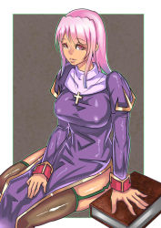 Rule 34 | 1girl, breasts, brown thighhighs, covered erect nipples, cross, cross necklace, garter straps, jewelry, large breasts, long hair, necklace, pink eyes, pink hair, priest (ragnarok online), ragnarok online, shiny clothes, solo, thighhighs, zxc