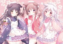 3girls :d :o animal_ears apron black_hair blush bow bowl brown_eyes brown_hair closed_mouth commentary_request dog_ears dog_girl dog_tail floral_background food frilled_apron frills grey_hair hair_bow holding holding_tray japanese_clothes kimono long_hair maid maid_apron maid_headdress multiple_girls open_mouth original parted_lips pink_background pink_kimono pleated_skirt purple_eyes purple_kimono purple_skirt red_eyes red_kimono shiratama_(shiratamaco) skirt smile tail tray twintails very_long_hair wa_maid waitress white_apron white_bow