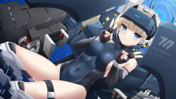 Rule 34 | 1girl, bare shoulders, black gloves, blonde hair, blue archive, blue eyes, blue leotard, breasts, closed mouth, covered navel, double v, elbow gloves, expressionless, fingerless gloves, gloves, halo, hands up, headgear, highres, leotard, looking at viewer, maid headdress, mecha, mechanical legs, medium breasts, official art, robot, sitting, solo, sparkle, thighs, toki (blue archive), umou (may65879), v