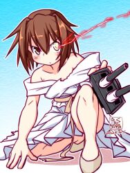 Rule 34 | 1girl, adapted turret, alternate costume, artist logo, blue background, brown hair, cannon, commentary request, dated, dress, furutaka (kancolle), glowing, glowing eye, gradient background, heterochromia, high heels, kantai collection, kutone shirika, looking at viewer, off-shoulder dress, off shoulder, on one knee, short hair, solo, torn clothes, turret, white dress, white footwear, yellow eyes