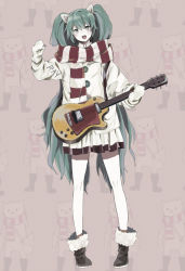 Rule 34 | 1girl, :d, animal ears, bad id, bad pixiv id, blush, boots, cat ears, electric guitar, green eyes, green hair, guitar, hatsune miku, highres, instrument, kemonomimi mode, long hair, matching hair/eyes, mittens, open mouth, pleated skirt, scarf, skirt, smile, solo, striped clothes, striped scarf, tenhana39, twintails, very long hair, vocaloid