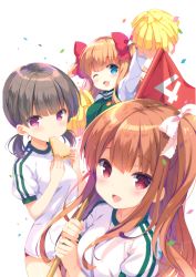 Rule 34 | 3girls, ;d, absurdres, arm up, asahina momoko, blue eyes, blush, bow, brown hair, cheerleader, confetti, eating, flag, food, girlfriend (kari), gym uniform, hair bow, head tilt, highres, holding, holding food, jacket, long hair, looking at viewer, low twintails, multiple girls, numbered flag, official art, one eye closed, one side up, open mouth, outstretched arm, pink eyes, pom pom (cheerleading), qp:flapper, red bow, red eyes, sandwich, scan, shigino mutsumi, shirt, short sleeves, smile, striped clothes, striped shirt, track jacket, twintails, white background, white shirt, yuuki nae, zipper