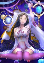 Rule 34 | 1girl, bad id, bad pixiv id, black hair, boots, breasts, chain, chest tattoo, clothing cutout, commentary, detached sleeves, dress, facial mark, fate/grand order, fate (series), forehead mark, forehead tattoo, hand up, highres, horns, large breasts, long hair, looking at viewer, midriff, navel, open mouth, panties, parted bangs, pink garter belt, pink panties, pink ribbon, pink thighhighs, planet, ribbon, sessyoin kiara, sideboob, sitting, solo, suisuiosakana3, tattoo, thigh boots, thighhighs, underboob cutout, underwear, veil, very long hair, wariza, white dress, white sleeves, yellow eyes