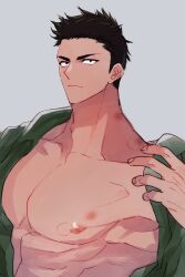 Rule 34 | 1boy, abs, alternate pectoral size, ao isami, bara, bare pectorals, black hair, expressionless, hickey, highres, implied yaoi, large pectorals, llld (2ldk1241), looking at viewer, male focus, muscular, muscular male, nipples, pectorals, solo, thick eyebrows, tsurime, undressing, yuuki bakuhatsu bang bravern