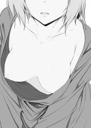 Rule 34 | 1girl, alice margatroid, breast focus, breasts, breasts apart, censored, collarbone, commentary request, downblouse, greyscale, head out of frame, lowres, medium breasts, monochrome, nipples, nirap, no bra, parted lips, shirt, simple background, solo, touhou, upper body, white background