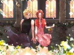 Rule 34 | 1boy, 1girl, aerith gainsborough, aqua eyes, bare arms, basket, black shirt, blonde hair, blue pants, bracelet, brown hair, choker, church, closed eyes, cloud strife, cropped jacket, dress, final fantasy, final fantasy vii, final fantasy vii remake, flower, flower bed, full body, hair ribbon, highres, holding, holding basket, indoors, jacket, jewelry, kneeling, lily (flower), long hair, necklace, open mouth, pants, parted bangs, pink dress, pink ribbon, pointing, red jacket, ribbon, shirt, short hair, short sleeves, sidelocks, sitting, sleeveless, sleeveless turtleneck, smile, spiked hair, square enix, turtleneck, yellow flower
