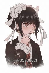 Rule 34 | 1girl, alternate hair length, alternate hairstyle, black hair, black nails, blush, celestia ludenberg, center frills, claw ring, collared shirt, commentary, criis-chan, cropped torso, danganronpa: trigger happy havoc, danganronpa (series), earrings, frills, jewelry, lolita fashion, long sleeves, nail polish, necktie, open mouth, red eyes, red necktie, ribbon, shirt, short hair, simple background, solo, symbol-only commentary, teeth, twitter username, upper teeth only, white background