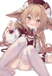 Rule 34 | 1girl, @ @, animal ears, ass, blush, brown eyes, brown hair, collared shirt, ear ornament, eip (pepai), fang, feet, hair between eyes, hand up, hat, highres, knees together feet apart, knees up, long hair, long sleeves, looking at viewer, open mouth, original, panties, pantyshot, red hat, red shirt, shirt, sidelocks, simple background, sitting, skin fang, soles, solo, thick eyebrows, thighhighs, thighs, toes, two-tone headwear, two-tone shirt, underwear, wavy mouth, white background, white hat, white shirt, white thighhighs