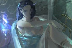 Rule 34 | 1girl, absurdres, anklet, bath, bathtub, blue eyes, blue horns, blue nails, cup, feet out of frame, forehead, highres, horns, huge filesize, jewelry, looking at viewer, nail polish, oekaki taro, oni, original, solo, tagme, water