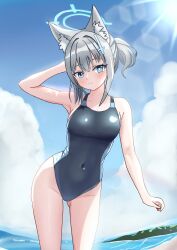 Rule 34 | 1girl, animal ear fluff, animal ears, beach, black one-piece swimsuit, blue archive, blue eyes, blue sky, breasts, cloud, competition swimsuit, covered navel, cowboy shot, cross hair ornament, day, extra ears, gluteal fold, grey hair, hair ornament, halo, highres, leaning to the side, looking at viewer, low ponytail, medium breasts, medium hair, mismatched pupils, multicolored clothes, multicolored swimsuit, official alternate costume, one-piece swimsuit, outdoors, shiroko (blue archive), shiroko (swimsuit) (blue archive), sky, solo, swimsuit, uma (uma mohumohu), wolf ears
