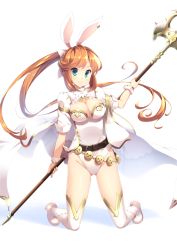 Rule 34 | 10s, 1girl, animal ears, axe, belt, blush, breasts, brown hair, cape, clarisse (granblue fantasy), cleavage, granblue fantasy, green eyes, highres, hoppege, kneeling, leotard, long hair, looking at viewer, ponytail, rabbit ears, sage (granblue fantasy), smile, solo, thighhighs, weapon, white thighhighs