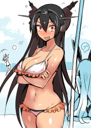 Rule 34 | 10s, 3girls, beach, bikini, black hair, breasts, cleavage, crossed arms, embarrassed, frilled bikini, frills, gloves, headgear, highres, huge breasts, kantai collection, long hair, looking at viewer, multiple girls, mutsu (kancolle), nac000, nagato (kancolle), personification, red eyes, shimakaze (kancolle), smile, sweatdrop, swimsuit, very long hair
